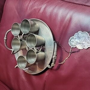 Vintage Solid Pewter Shot Glasses with Tray.  6 Cups.